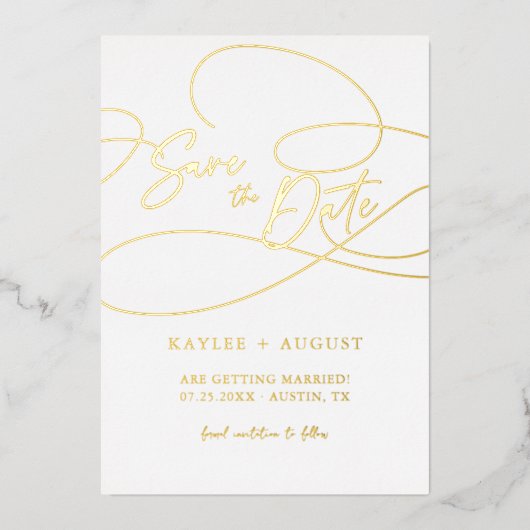 Minimale fancy script "Save The Date" trouwfoto Folie Uitnodiging (Voorkant)