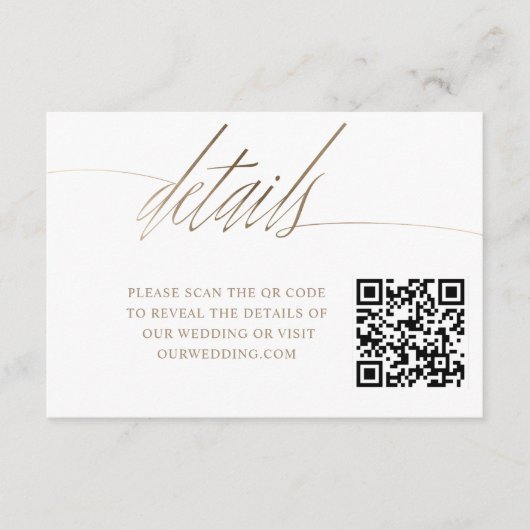 Minimale Faux Gold kalligrafie QR bruiloft details Informatiekaartje (Voorkant)