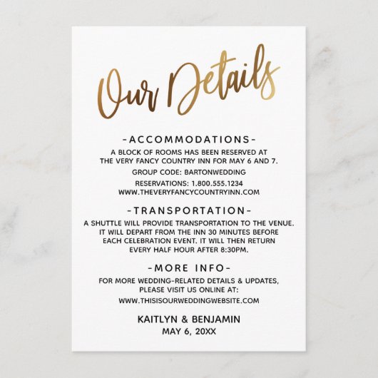 Minimale Faux Gold-typografie Onze gegevens Informatiekaartje (Voorkant)