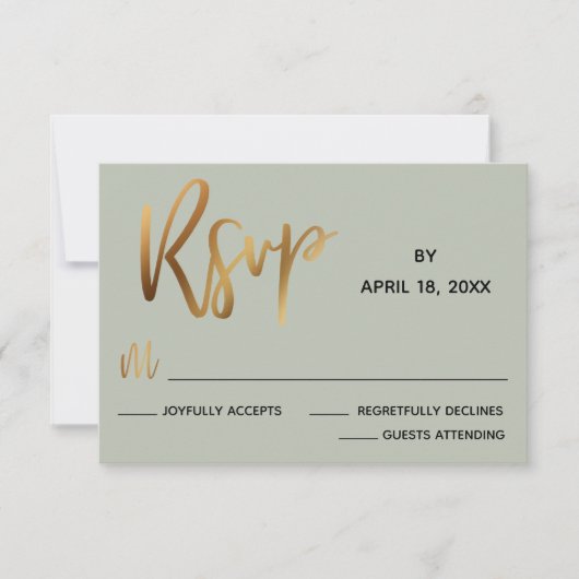 Minimale Faux Gold Typography Sage Green Wedding RSVP Kaartje (Voorkant)