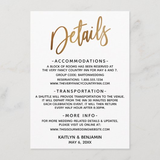 Minimale Faux Gold Typography Wedding Informatiekaartje (Voorkant)