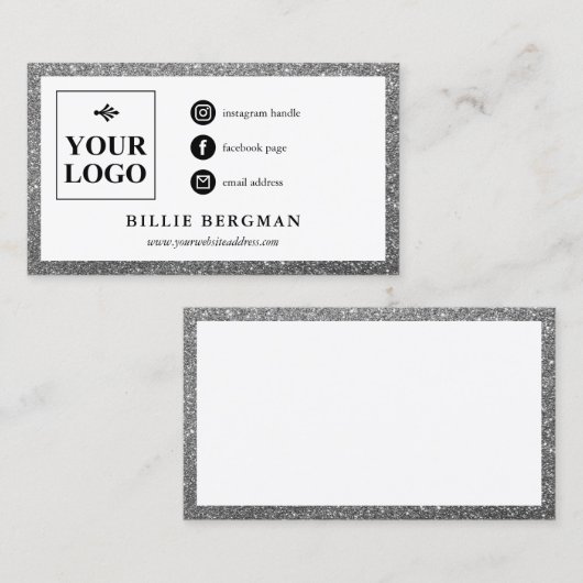Minimale Faux Silver Glitter Social Media Logo Visitekaartje (Voorkant / Achterkant)