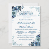 Minimale Floral Blauw Wit Bismillah Bruiloft Kaart (Voorkant)