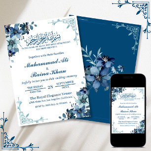 Minimale Floral Blauw Wit Bismillah Bruiloft Kaart