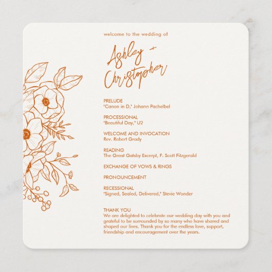 Minimale Floral Botani verbrande Sinaasappels brui Programmakaart (Voorkant)