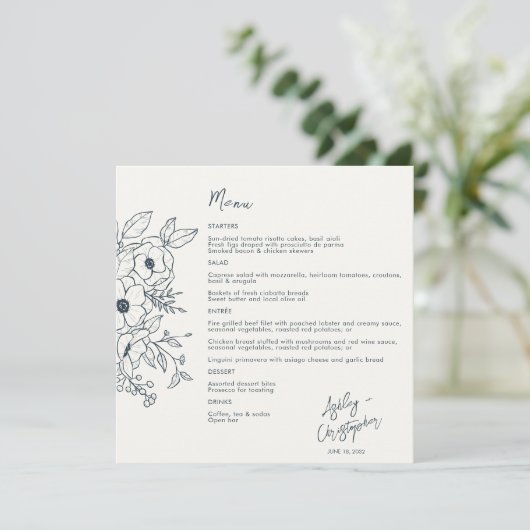 Minimale Floral Botanica Navy Blue op witte bruilo Menu (Staand voorkant)