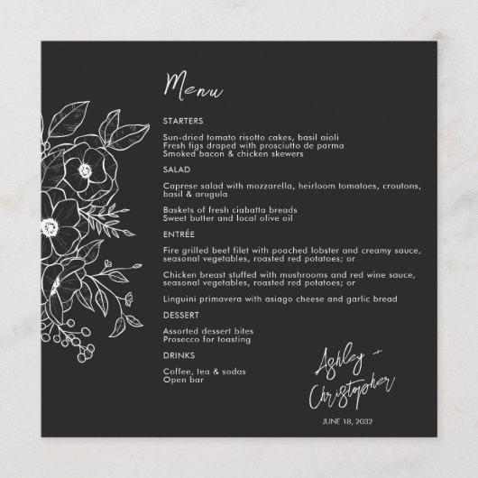Minimale Floral Botanical Black Noir bruiloft Menu (Voorkant)