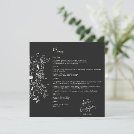 Minimale Floral Botanical Black Noir bruiloft Menu (Staand voorkant)