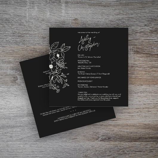 Minimale Floral Botanical Black Noir bruiloft Programmakaart
