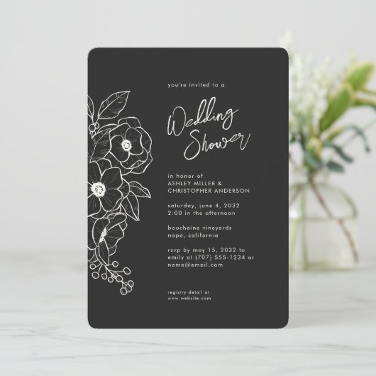 Minimale Floral Botanical Black Noir Trouwdouche Kaart (Staand voorkant)