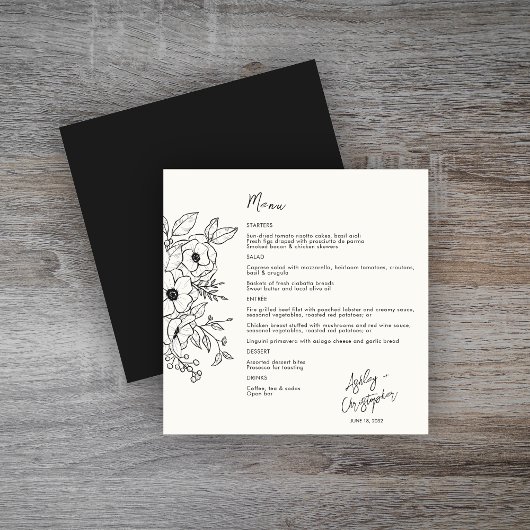 Minimale Floral Botanical Zwart op Witte Bruiloft Menu