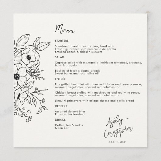 Minimale Floral Botanical Zwart op Witte Bruiloft Menu (Voorkant)