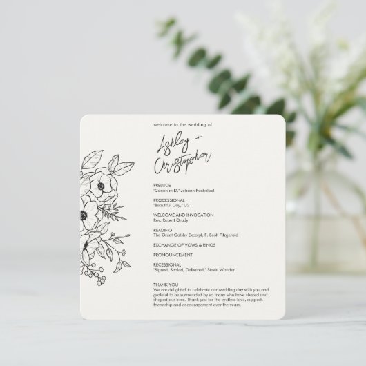 Minimale Floral Botanical Zwart op Witte Bruiloft Programmakaart (Staand voorkant)