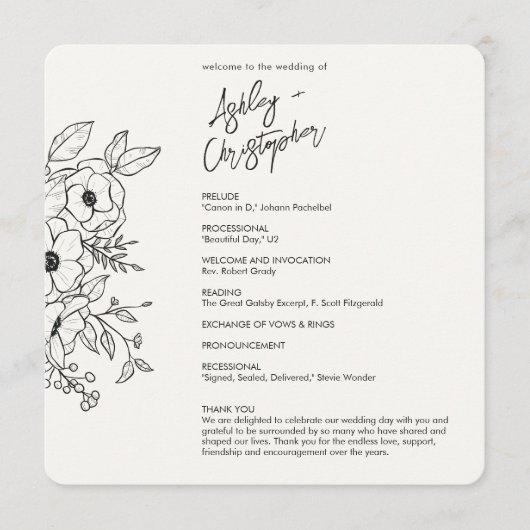 Minimale Floral Botanical Zwart op Witte Bruiloft Programmakaart (Voorkant)