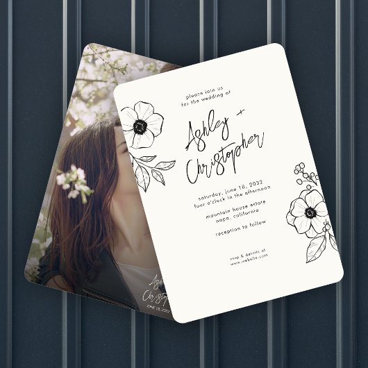 Minimale Floral Botanisch Wit Foto Bruiloft Kaart