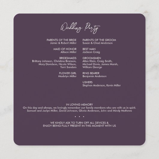 Minimale Floral Botanische Aubergine Paarse bruilo Programmakaart (Achterkant)