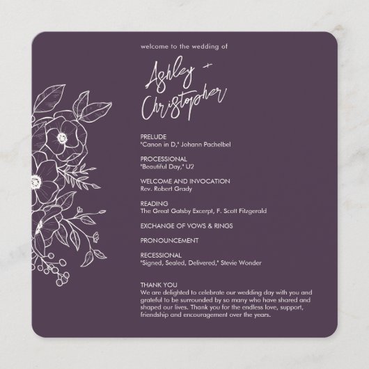 Minimale Floral Botanische Aubergine Paarse bruilo Programmakaart (Voorkant)