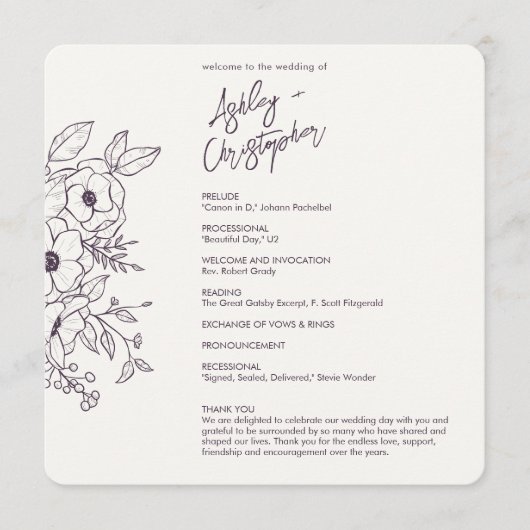 Minimale Floral Botanische Aubergine Paarse bruilo Programmakaart (Voorkant)