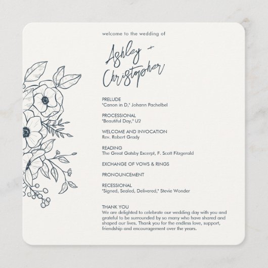 Minimale Floral Botanische Marine Blauwe Bruiloft Programmakaart (Voorkant)