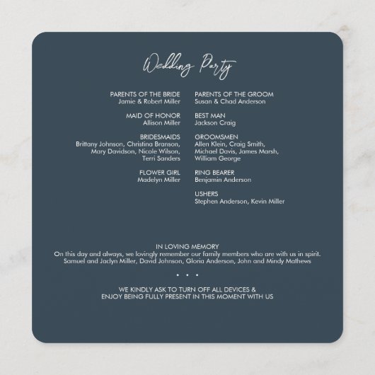 Minimale Floral Botanische Marine Blauwe Bruiloft Programmakaart (Achterkant)