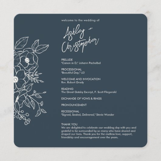 Minimale Floral Botanische Marine Blauwe Bruiloft Programmakaart (Voorkant)