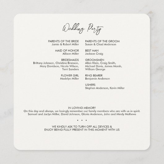 Minimale Floral Botanische Melk Wit Bruiloft Programmakaart (Achterkant)