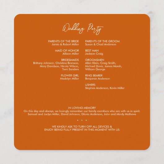 Minimale Floral Botanische Verbrande Sinaasappels  Programmakaart (Achterkant)