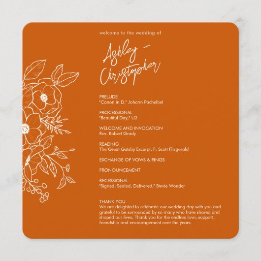 Minimale Floral Botanische Verbrande Sinaasappels  Programmakaart (Voorkant)