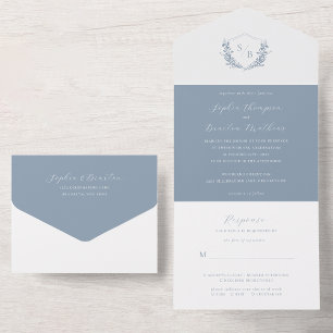 Minimale Floral Dusty Blue Crest Monogram Weddensc All In One Uitnodiging