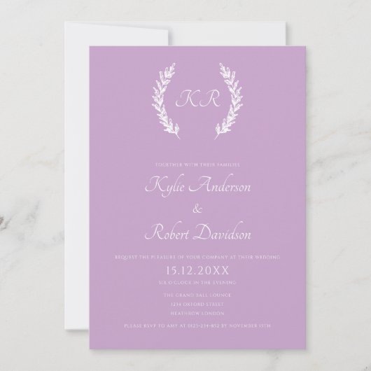 Minimale Floral Elegant Monogram Lavendel Bruiloft Kaart (Voorkant)