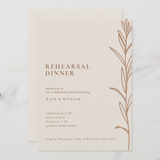 Minimale Floral Handmade Ivory Rehearsal Dinner Kaart (Voorkant / Achterkant)