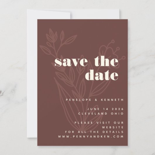 Minimale Floral Line Art Warm Rustic Wedding Save The Date (Voorkant)