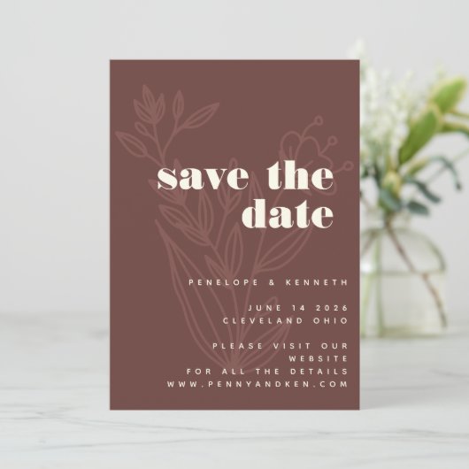 Minimale Floral Line Art Warm Rustic Wedding Save The Date (Staand voorkant)