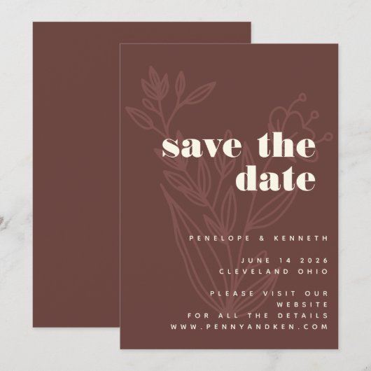 Minimale Floral Line Art Warm Rustic Wedding Save The Date (Voorkant / Achterkant)