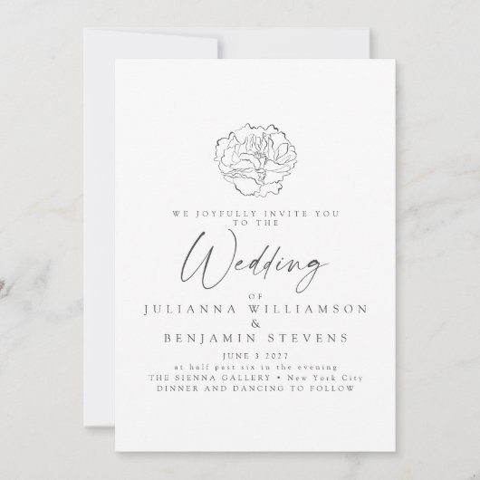 Minimale Floral Line Art White Script Wedding Kaart (Voorkant)