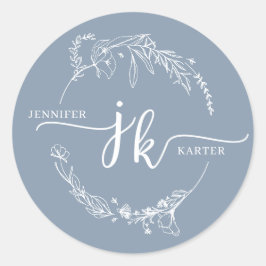 Minimale Floral Wreath Dusty Blue Monogram Weddens Ronde Sticker