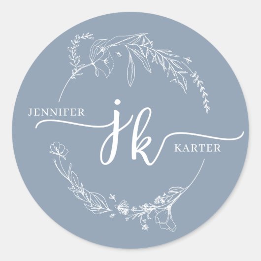 Minimale Floral Wreath Dusty Blue Monogram Weddens Ronde Sticker (Voorkant)