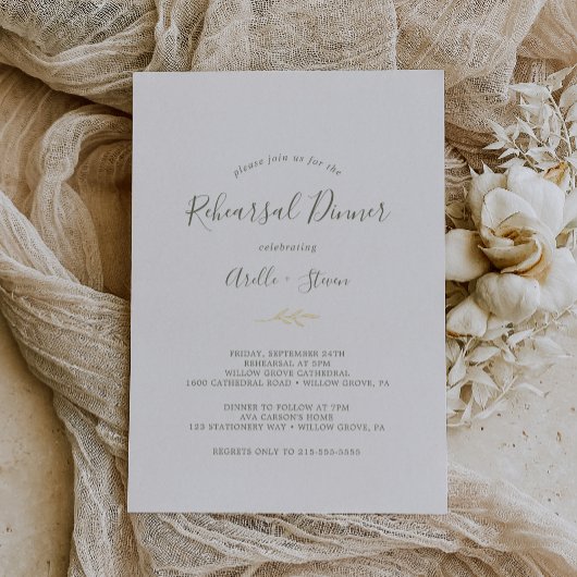 Minimale Folie van bladeren | Olijfgroen repetitie Folie Uitnodiging