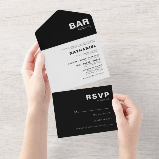 Minimale formale zwarte legant Mitzvah All In One Uitnodiging (Afscheurbaar)