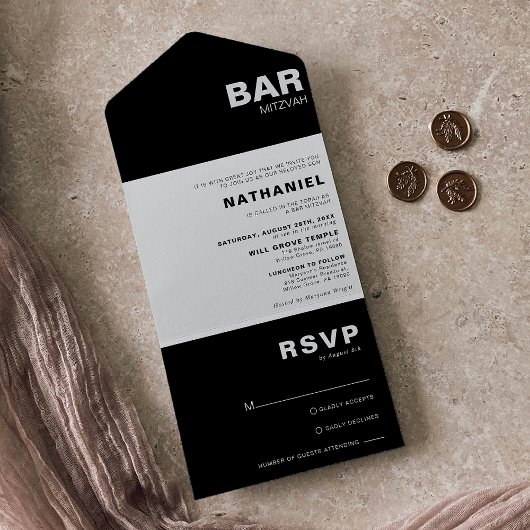 Minimale formale zwarte legant Mitzvah All In One Uitnodiging