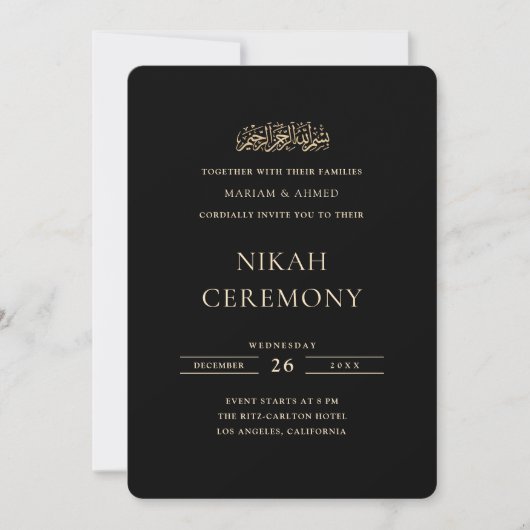 Minimale formele gouden script zwarte Nikah-ceremo Kaart (Voorkant)