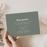 Minimale formele groene weddenschappen informatiekaartje<br><div class="desc">Deze minimalistische,  formele,  groene trouwreceptiekaart is perfect voor een ritueel. Het ontwerp kenmerkt een mooie doopvont in een groene achtergrond om uw gebeurtenis te belichamen.</div>