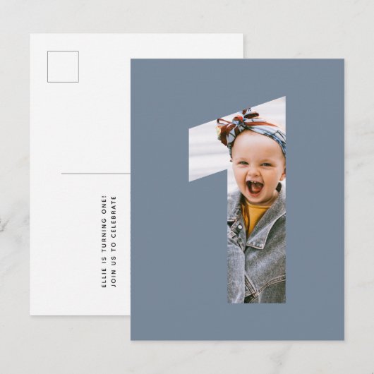 Minimale foto 1st geboorte KLANT KLANT KOPER Blauw Uitnodiging Briefkaart (Voorkant / Achterkant)