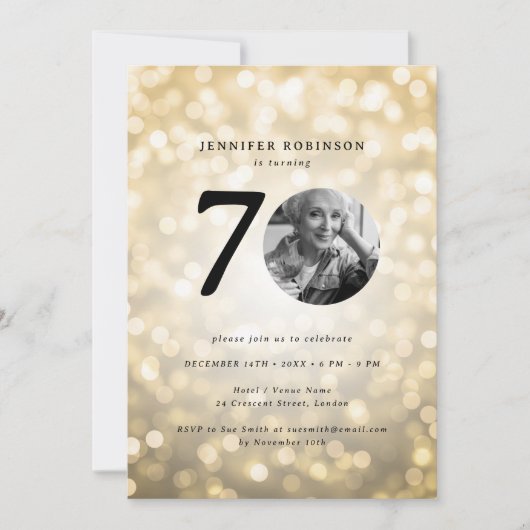 Minimale foto 70e verjaardagsfeest Gold Bokeh Kaart (Voorkant)