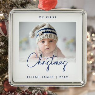 Minimale foto baby's eerste kerst in marineblauw metalen ornament