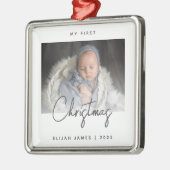 Minimale foto baby's eerste kerstfeest grijs scrip metalen ornament (Links)