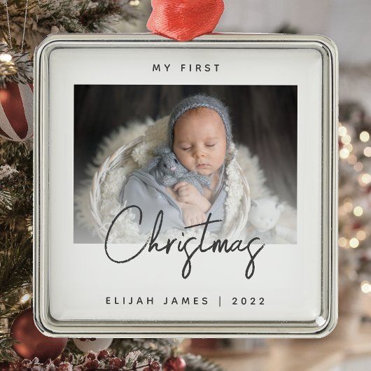 Minimale foto baby's eerste kerstfeest grijs scrip metalen ornament