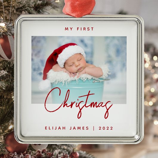 Minimale foto baby's eerste kerstmis rode script metalen ornament