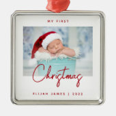 Minimale foto baby's eerste kerstmis rode script metalen ornament (Voorkant)
