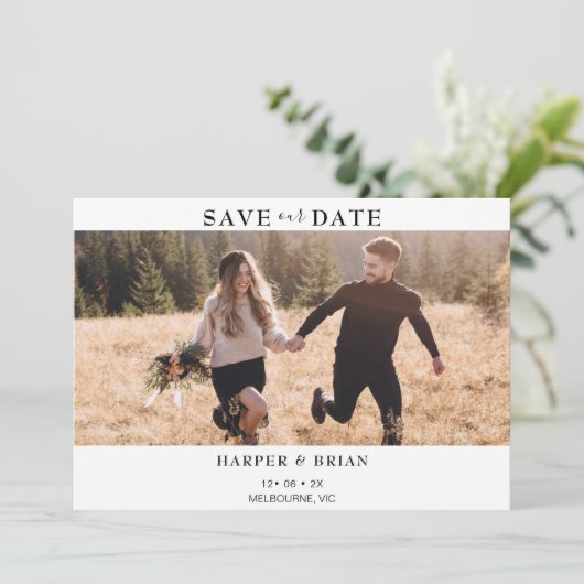 Minimale foto-bruiloft bewaart de datumkaart kaart (Staand voorkant)
